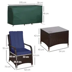 Outsunny 3 Pieces Rattan Bistro Set with Furniture Cover, Wicker Garden Furniture Set, Glass Top Coffee Table and Chairs with Cushions for Outdoor, Patio, Balcony, Dark Blue - 3