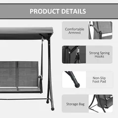 Outsunny 3 Person Outdoor Patio Porch Swing Chair with High Back Design, Side Pouches and Adjustable Canopy, Charcoal Grey - 6