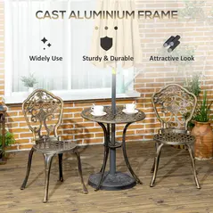 Outsunny 3 Piece Cast Aluminium Garden Bistro Set for 2 with Parasol Hole, Outdoor Coffee Table Set, Two Armless Chairs and Round Coffee Table for Balcony, Patio, Bronze - 5