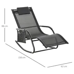 Outsunny 2PCs Outdoor Garden Rocking Chair, Patio Sun Lounger Rocker Chair with Breathable Mesh Fabric, Removable Headrest Pillow, Armrest, Side Storage Bag, Black - 3