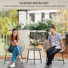 Outsunny 3 Pieces Rattan Bistro Set, Garden Bistro Set with Acapulco Chairs and Glass Top Table, Small Garden Furniture Set with Reinforced Metal Frame for Outdoor, Patio, Balcony, Grey - 4