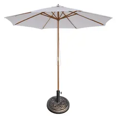 Outsunny 3 m Garden Parasol with Base, Pulley Operated Patio Umbrella, Wooden Parasol, Table Market Umbrella with Rope Pulley Mechanism and 8 Ribs, White - 1