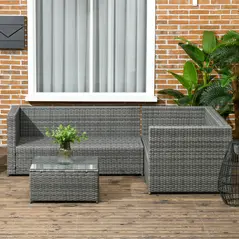 Outsunny 3 Pieces PE Rattan Garden Furniture Set with 10 cm Thick Cushions, 4 Seater Garden Corner Sofa Set with Glass Top Coffee Table, Outdoor Furniture for Patio, Porch, Grey - 7