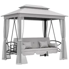 Outsunny 3 Seater Convertible Swing Chair, Outdoor Gazebo Swing Seat Bed with Double Tier Canopy, Cushioned Seat, Mesh Sidewalls, Light Grey - 1