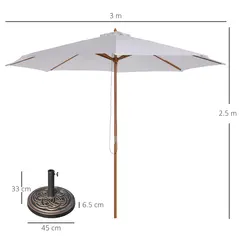 Outsunny 3 m Garden Parasol with Base, Pulley Operated Patio Umbrella, Wooden Parasol, Table Market Umbrella with Rope Pulley Mechanism and 8 Ribs, White - 3