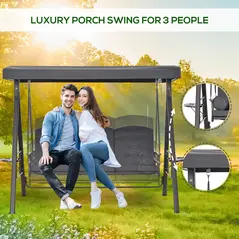 Outsunny 3 Seater Garden Swing Chair Outdoor Hammock Bench w/ Adjustable Canopy, Cushions and Cup Trays, Brown Steel Frame, Dark Grey Fabric - 7