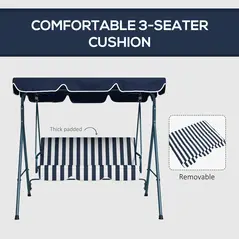 Outsunny 3 Seater Garden Swing Chair, Outdoor Swing Chair with Adjustable Canopy, Mental Frame & Cushions, Blue - 7