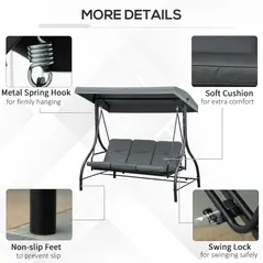 Outsunny 3 Seater Canopy Swing Chair, 2 in 1 Garden Swing Seat Bed, with Adjustable Canopy and Metal Frame, Dark Grey - 6