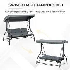 Outsunny 3 Seater Canopy Swing Chair, 2 in 1 Garden Swing Seat Bed, with Adjustable Canopy and Metal Frame, Dark Grey - 5