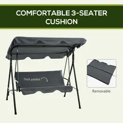 Outsunny 3 Seater Garden Swing Chair, Outdoor Swing Chair with Adjustable Canopy, Mental Frame & Cushions, Grey - 7