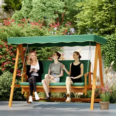 Outsunny 3 Seater 2-in-1 Wooden Garden Swing Seat Swing Chair Outdoor Convertible Hammock Bench Furniture Lounger Bed Wood, Dark Green - 8