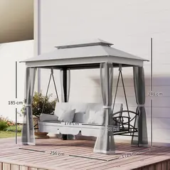 Outsunny 3 Seater Convertible Swing Chair, Outdoor Gazebo Swing Seat Bed with Double Tier Canopy, Cushioned Seat, Mesh Sidewalls, Light Grey - 3