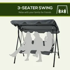 Outsunny 3 Seater Garden Swing Chair, Outdoor Swing Chair with Adjustable Canopy, Mental Frame & Cushions, Grey - 6