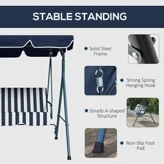 Outsunny 3 Seater Garden Swing Chair, Outdoor Swing Chair with Adjustable Canopy, Mental Frame & Cushions, Blue - 5