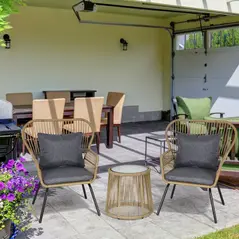 Outsunny 3 Pieces Rattan Bistro Set, Wicker Garden Furniture Set with Cushions, Glass Top Coffee Table and Chairs for Outdoor, Patio, Balcony, Brown - 2