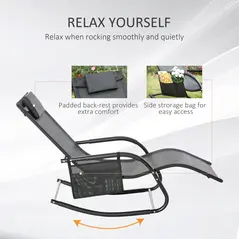 Outsunny 2PCs Outdoor Garden Rocking Chair, Patio Sun Lounger Rocker Chair with Breathable Mesh Fabric, Removable Headrest Pillow, Armrest, Side Storage Bag, Black - 6