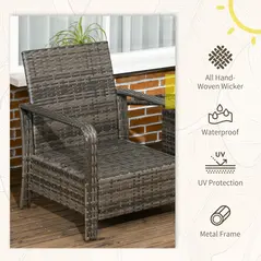 Outsunny 3 Pieces Rattan Bistro Set, Wicker Garden Furniture Set with Storage Coffee Table and Chairs, Thickened Cushions for Outdoor, Patio, Balcony, Grey - 4