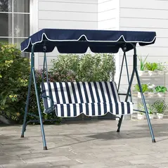 Outsunny 3 Seater Garden Swing Chair, Outdoor Swing Chair with Adjustable Canopy, Mental Frame & Cushions, Blue - 2
