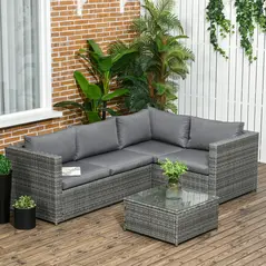 Outsunny 3 Pieces PE Rattan Garden Furniture Set with 10 cm Thick Cushions, 4 Seater Garden Corner Sofa Set with Glass Top Coffee Table, Outdoor Furniture for Patio, Porch, Grey - 2