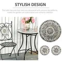 Outsunny 3 Pcs Mosaic Tile Garden Bistro Set Outdoor Seating w/ Table 2 Folding Chairs Set Metal Frame Elegant Scrolling Indoor Patio Balcony - 6