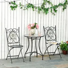 Outsunny 3 Pcs Mosaic Tile Garden Bistro Set Outdoor Seating w/ Table 2 Folding Chairs Set Metal Frame Elegant Scrolling Indoor Patio Balcony - 2