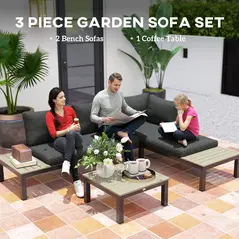 Outsunny 3 Pieces Garden Furniture Set, Aluminium 4 Seater Corner Sofa Set with 2 Loveseats, Coffee Table and Side Trays, Outdoor Conversation Furniture with Cushions for Garden, Dark Grey - 4