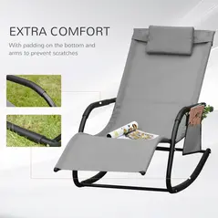 Outsunny 2PCs Outdoor Garden Rocking Chair, Patio Sun Lounger Rocker Chair with Breathable Mesh Fabric, Removable Headrest Pillow, Armrest, Side Storage Bag, Grey - 7