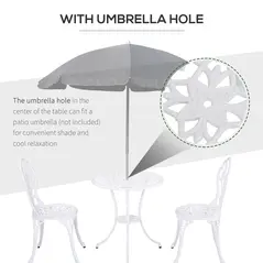 Outsunny 3 Piece Patio Bistro Set for 2, Outdoor Aluminium Garden Table and Chairs with Umbrella Hole for Balcony, White - 6