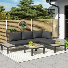 Outsunny 3 Pieces Garden Furniture Set, Aluminium 4 Seater Corner Sofa Set with 2 Loveseats, Coffee Table and Side Trays, Outdoor Conversation Furniture with Cushions for Garden, Dark Grey - 2