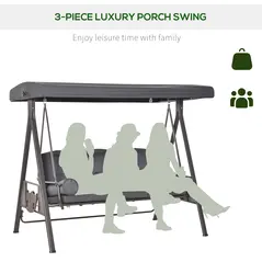 Outsunny 3 Seater Garden Swing Chair Outdoor Hammock Bench w/ Adjustable Canopy, Cushions and Cup Trays, Brown Steel Frame, Dark Grey Fabric - 8