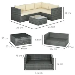 Outsunny 3 Pieces PE Rattan Garden Furniture Set with 10 cm Thick Cushions, 4 Seater Garden Corner Sofa Set with Glass Top Coffee Table, Outdoor Furniture for Patio, Porch, Beige - 3