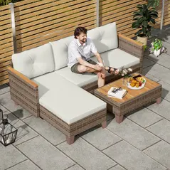 Outsunny 3 Pieces Rattan Garden Furniture Set, L Shaped Garden Conversation Chaise Lounge Furniture with Wood Top Coffee Table and Thick Cushions, Cream - 9
