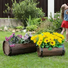Outsunny 2PCs 56L Wooden Planter Box Flower Plant Pot Outdoor Flower Beds Plant Box with Solid Wood Carbonized Colour - 2
