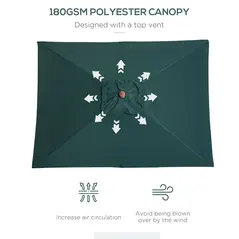 Outsunny 2m x 1.5m Garden Parasol Umbrella with Tilting Sunshade Canopy, Outdoor Market Table Umbrella with Wood and Bamboo Frame, Green - 5