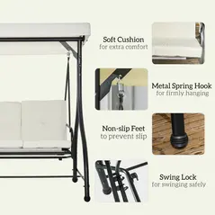 Outsunny 3 Seater Canopy Swing Chair, 2 in 1 Garden Swing Seat Bed, with Adjustable Canopy and Metal Frame, Cream White - 6