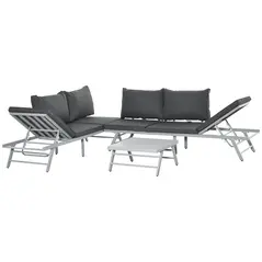 Outsunny 3 Pieces Garden Furniture Sets, 6 Seater Corner Sofa Set with Adjustable Backrest Chase Lounge with Slatted Metal Top Table, Padded Cushion, Grey - 1