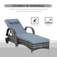 Outsunny 2PC Rattan Sun Lounger Recliner Bed Reclining Chair Patio Garden Outdoor Wicker Weave Adjustable Headrest with Fire Retardant Cushion – Grey - 5