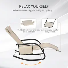 Outsunny 2PCs Outdoor Garden Rocking Chair, Patio Sun Lounger Rocker Chair with Breathable Mesh Fabric, Removable Headrest Pillow, Armrest, Side Storage Bag, Cream White - 6