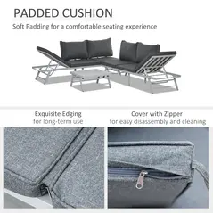 Outsunny 3 Pieces Garden Furniture Sets, 6 Seater Corner Sofa Set with Adjustable Backrest Chase Lounge with Slatted Metal Top Table, Padded Cushion, Grey - 7