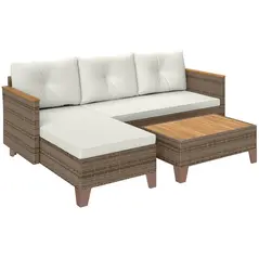 Outsunny 3 Pieces Rattan Garden Furniture Set, L Shaped Garden Conversation Chaise Lounge Furniture with Wood Top Coffee Table and Thick Cushions, Cream - 1