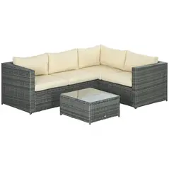 Outsunny 3 Pieces PE Rattan Garden Furniture Set with 10 cm Thick Cushions, 4 Seater Garden Corner Sofa Set with Glass Top Coffee Table, Outdoor Furniture for Patio, Porch, Beige - 1
