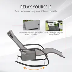 Outsunny 2PCs Outdoor Garden Rocking Chair, Patio Sun Lounger Rocker Chair with Breathable Mesh Fabric, Removable Headrest Pillow, Armrest, Side Storage Bag, Grey - 6