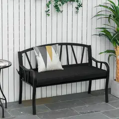 Outsunny 2-Seater Garden Bench with Cushion, Metal Loveseat, Slatted Outdoor Park Chair with Decorative Backrest and Armrest, Black - 2
