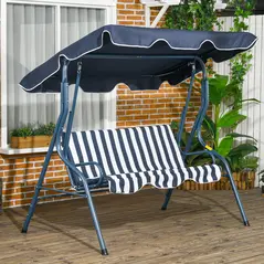 Outsunny 3 Seater Garden Swing Seat Chair Outdoor Bench with Adjustable Canopy and Metal Frame, Blue Stripes - 2
