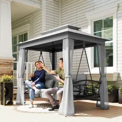 Outsunny 3 Seater Convertible Swing Chair, Outdoor Gazebo Swing Seat Bed with Double Tier Canopy, Cushioned Seat, Mesh Sidewalls, Light Grey - 2