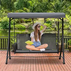 Outsunny 3 Person Outdoor Patio Porch Swing Chair with High Back Design, Side Pouches and Adjustable Canopy, Charcoal Grey - 2