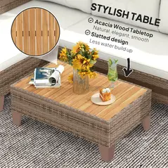 Outsunny 3 Pieces Rattan Garden Furniture Set, L Shaped Garden Conversation Chaise Lounge Furniture with Wood Top Coffee Table and Thick Cushions, Cream - 7