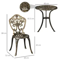 Outsunny 3 Piece Cast Aluminium Garden Bistro Set for 2 with Parasol Hole, Outdoor Coffee Table Set, Two Armless Chairs and Round Coffee Table for Balcony, Patio, Bronze - 3