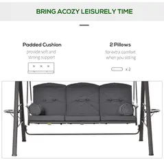 Outsunny 3 Seater Garden Swing Chair Outdoor Hammock Bench w/ Adjustable Canopy, Cushions and Cup Trays, Brown Steel Frame, Dark Grey Fabric - 4