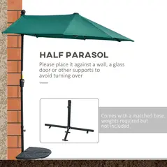 Outsunny 2m Half Parasol Market Umbrella Garden Balcony Parasol with Crank Handle, Base, Double-Sided Canopy, Dark Green - 4